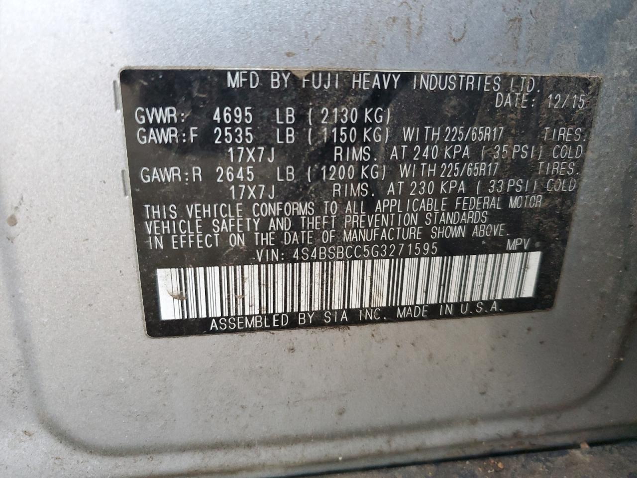 2016 Subaru Outback VIN 4S4BSBCC5G3271595 Copart auction photo, side / front end damage thumbnail 13