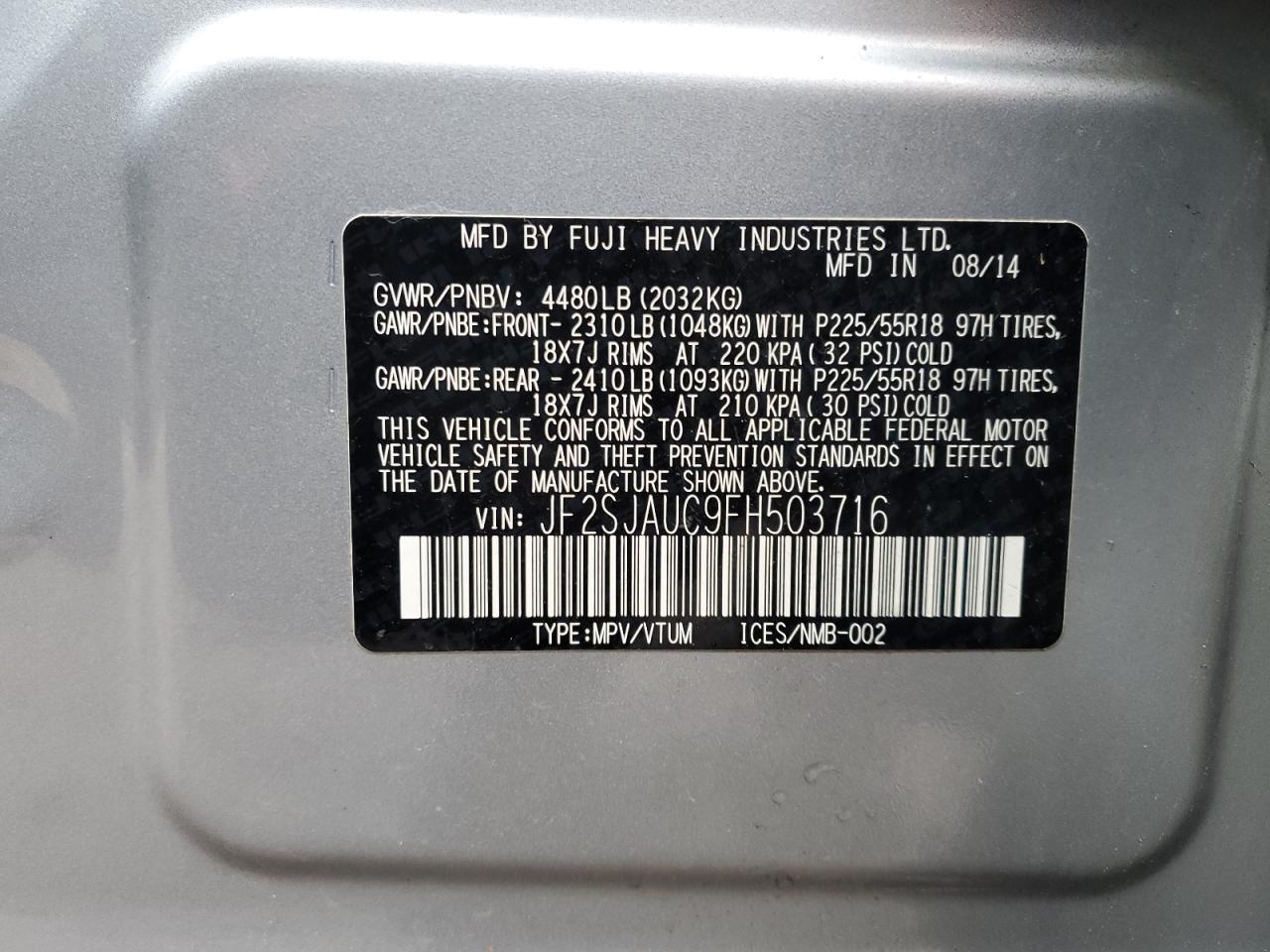 2015 Subaru Forester VIN JF2SJAUC9FH503716 Copart auction photo, front end / side damage thumbnail 13