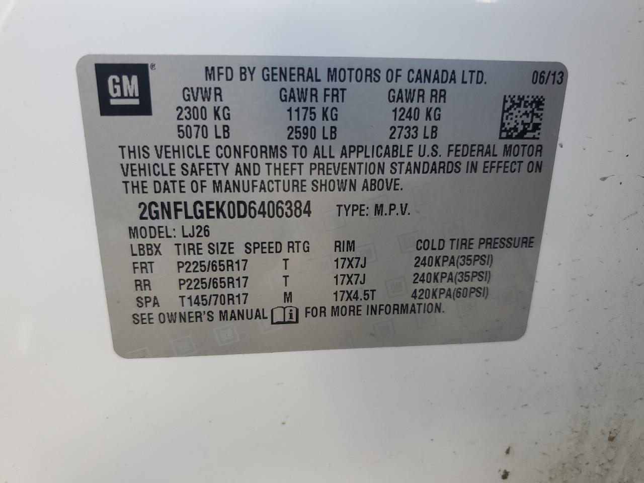 2013 Chevrolet Equinox VIN 2GNFLGEK0D6406384 Copart auction photo, front end / side damage thumbnail 15