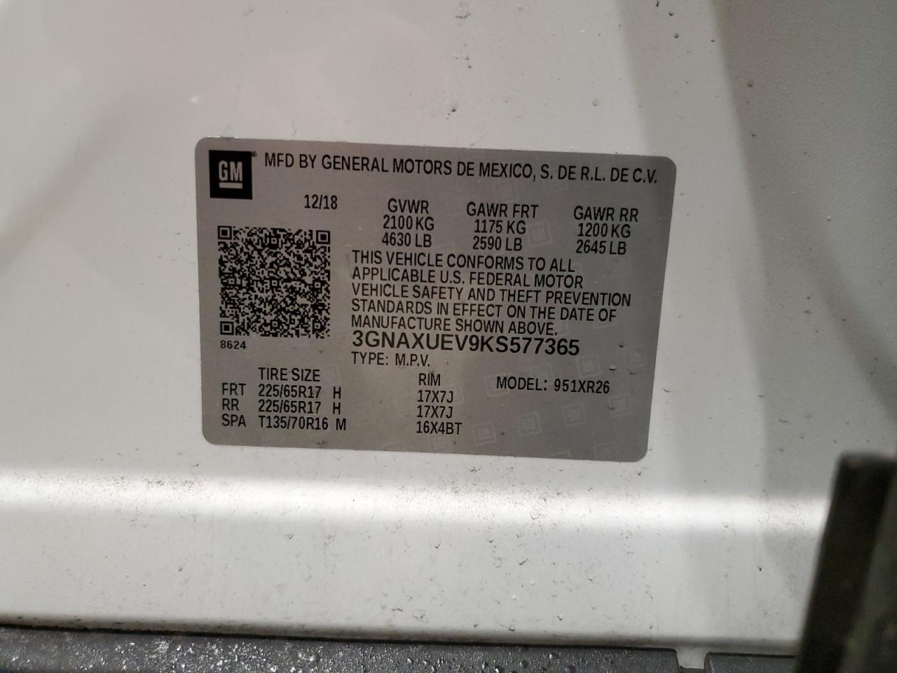 2019 Chevrolet Equinox VIN 3GNAXUEV9KS577365 Copart auction photo, rear end damage thumbnail 13