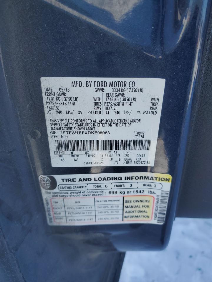 2013 Ford F-150 VIN 1FTFW1EFXDKE98083 Copart auction photo, rollover / undercarriage damage thumbnail 14