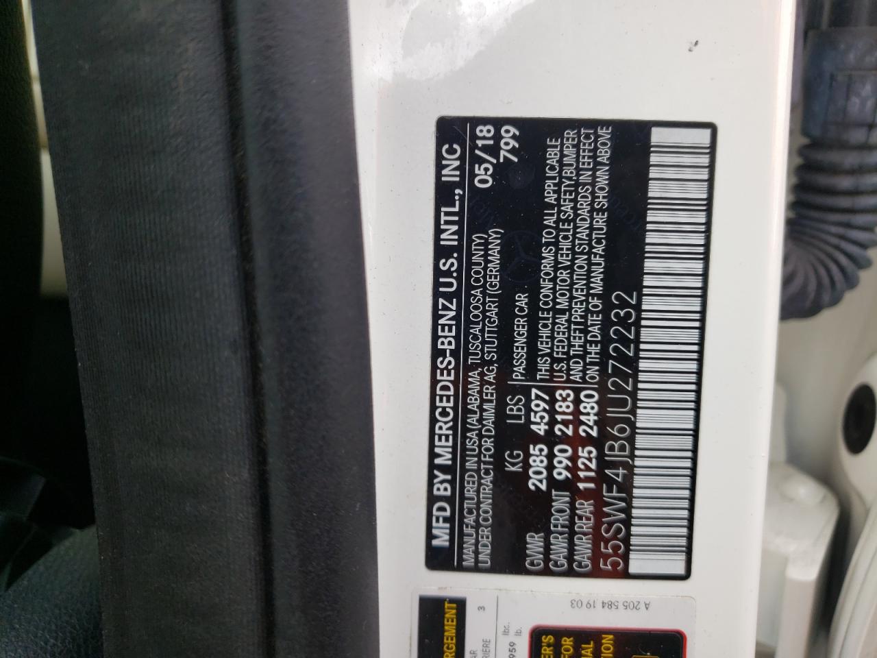 2018 Mercedes-Benz C-klasse VIN 55SWF4JB6JU272232 Copart auction photo, all over damage thumbnail 14