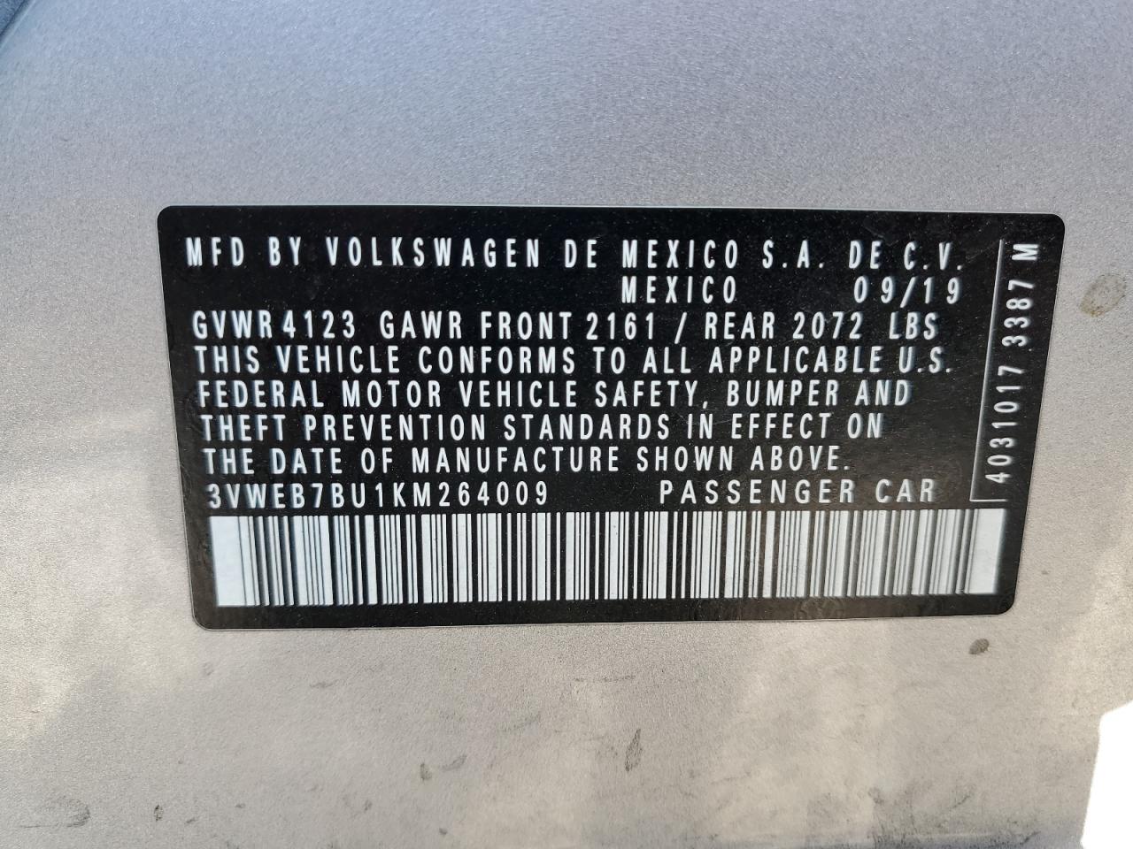 2019 Volkswagen Jetta VIN 3VWEB7BU1KM264009 Copart auction photo, side / vandalism damage thumbnail 14