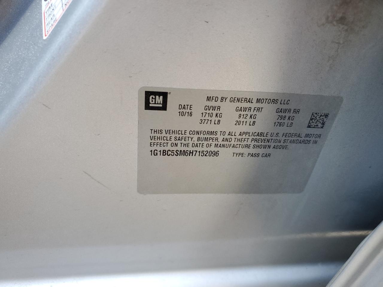 2017 Chevrolet Cruze VIN 1G1BC5SM6H7152096 Copart auction photo, hail damage thumbnail 12