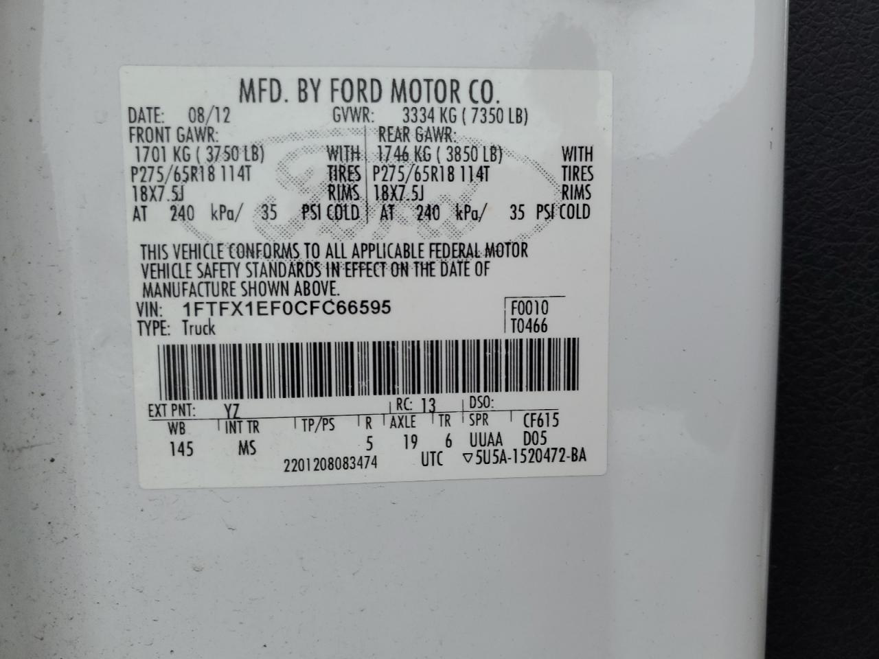 2012 Ford F-150 VIN 1FTFX1EF0CFC66595 Copart auction photo, front end / side damage thumbnail 12