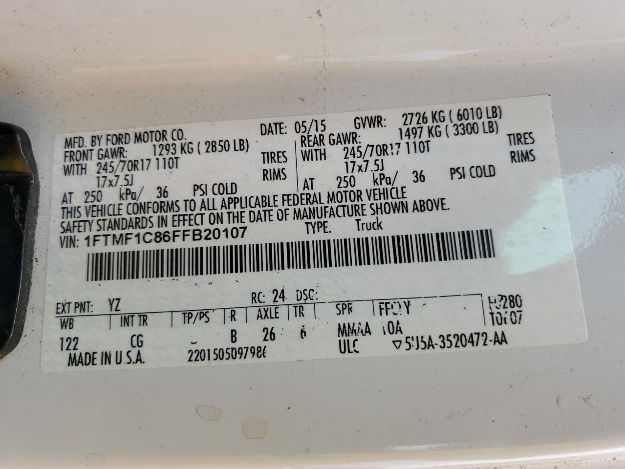 2015 Ford F-150 VIN 1FTMF1C86FFB20107 Copart auction photo, water/flood damage thumbnail 13