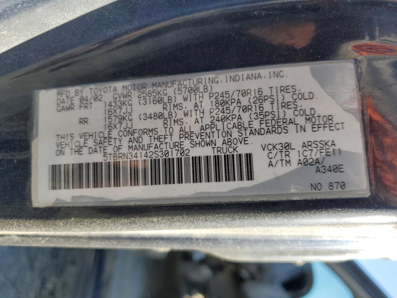 2002 Toyota Tundra VIN 5TBRN34142S301702 Copart auction photo, front end damage thumbnail 12
