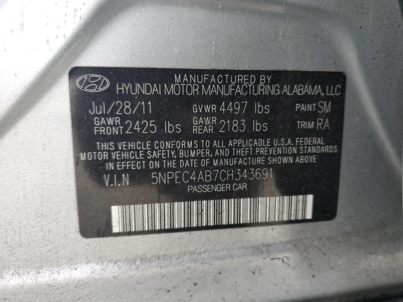 2012 Hyundai Sonata VIN 5NPEC4AB7CH343691 Copart auction photo, front end damage thumbnail 12