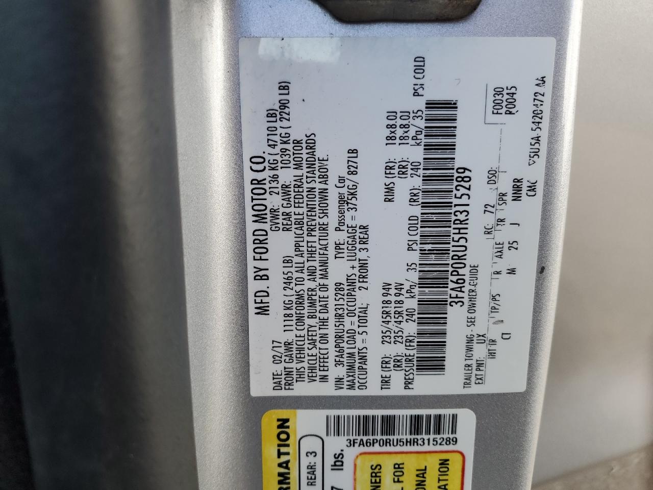 2017 Ford Fusion VIN 3FA6P0RU5HR315289 Copart auction photo, rear end / minor dent/scratches damage thumbnail 12