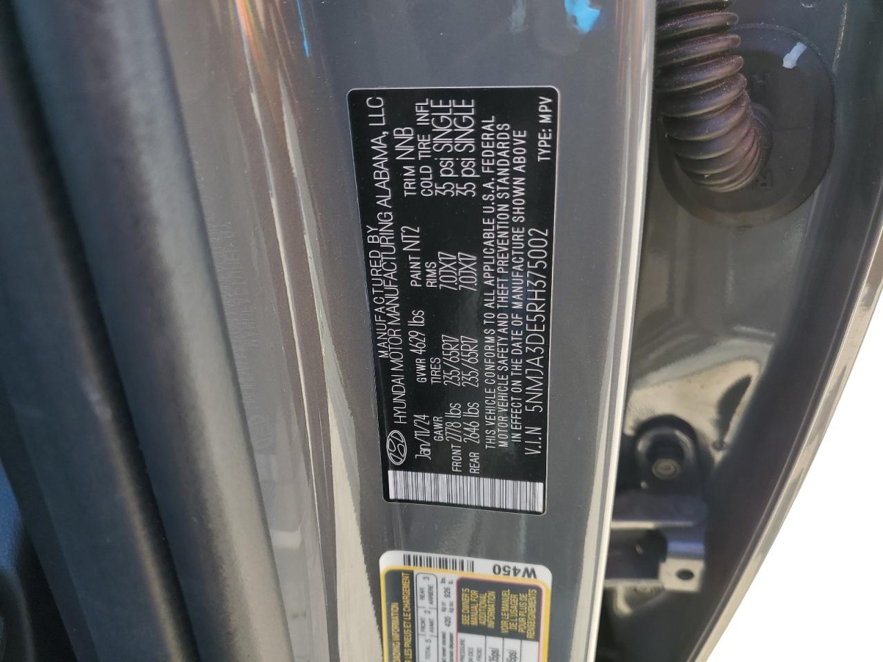 2024 Hyundai Tucson VIN 5NMJA3DE5RH375002 Copart auction photo, all over damage thumbnail 14