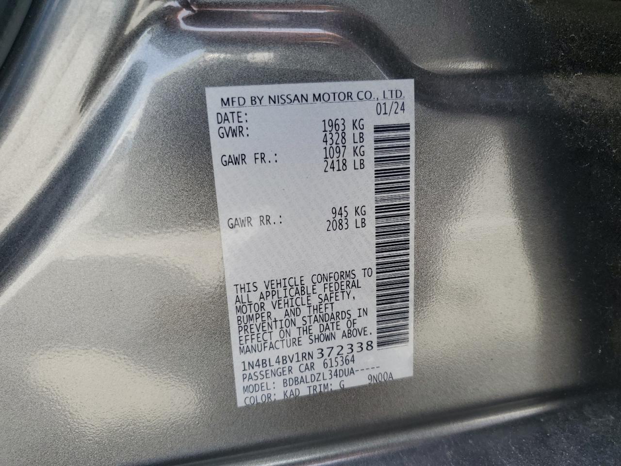2024 Nissan Altima VIN 1N4BL4BV1RN372338 Copart auction photo, front end / rear end damage thumbnail 13
