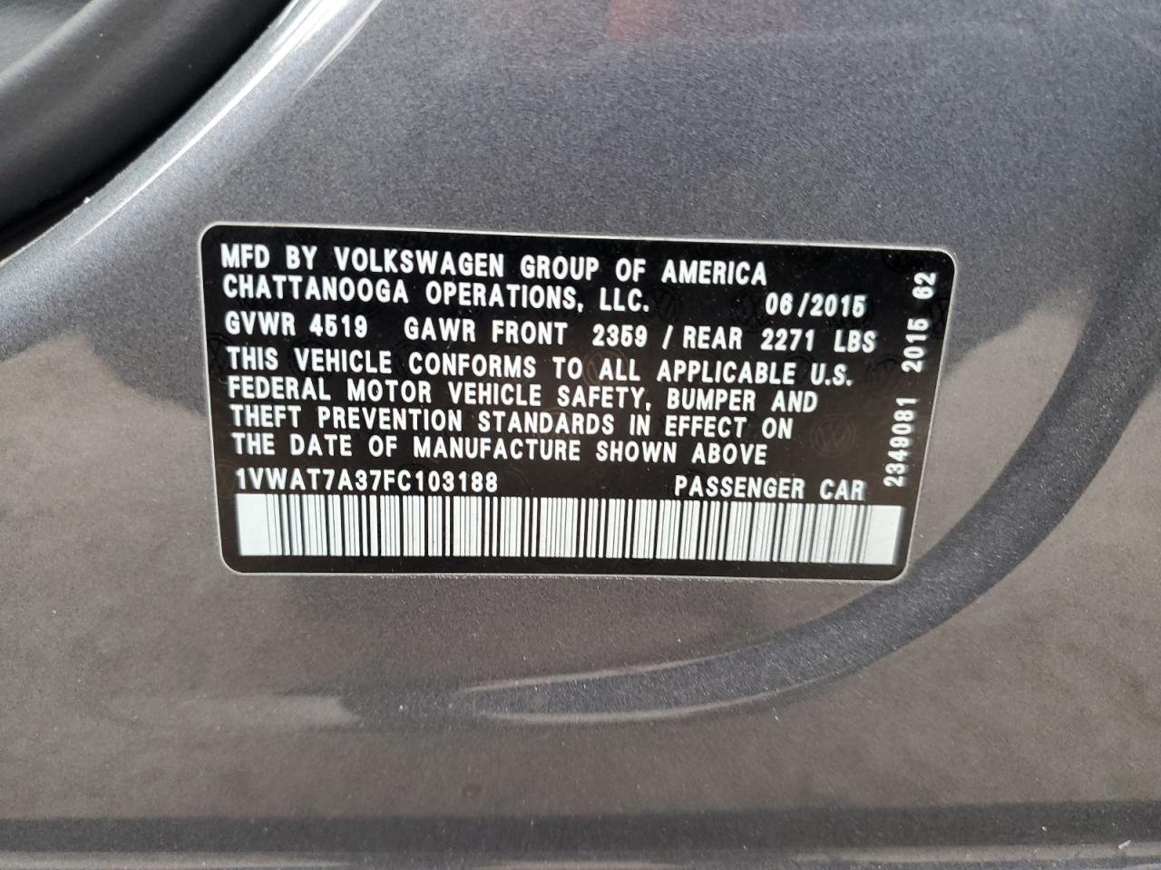 2015 Volkswagen Passat VIN 1VWAT7A37FC103188 Copart auction photo, front end damage thumbnail 13