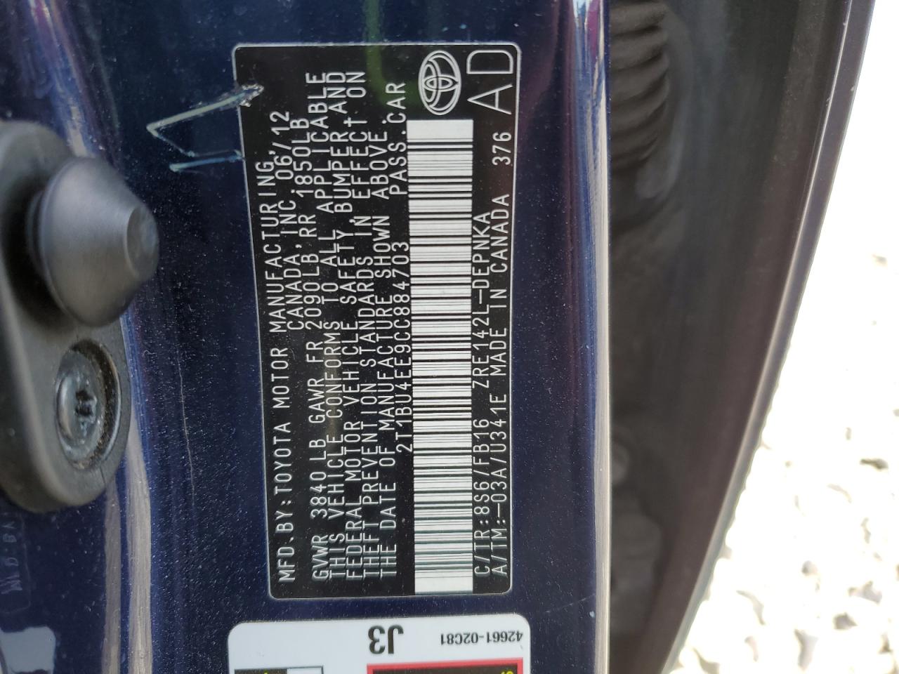 2012 Toyota Corolla VIN 2T1BU4EE9CC884703 Copart auction photo, rear end / front end damage thumbnail 12