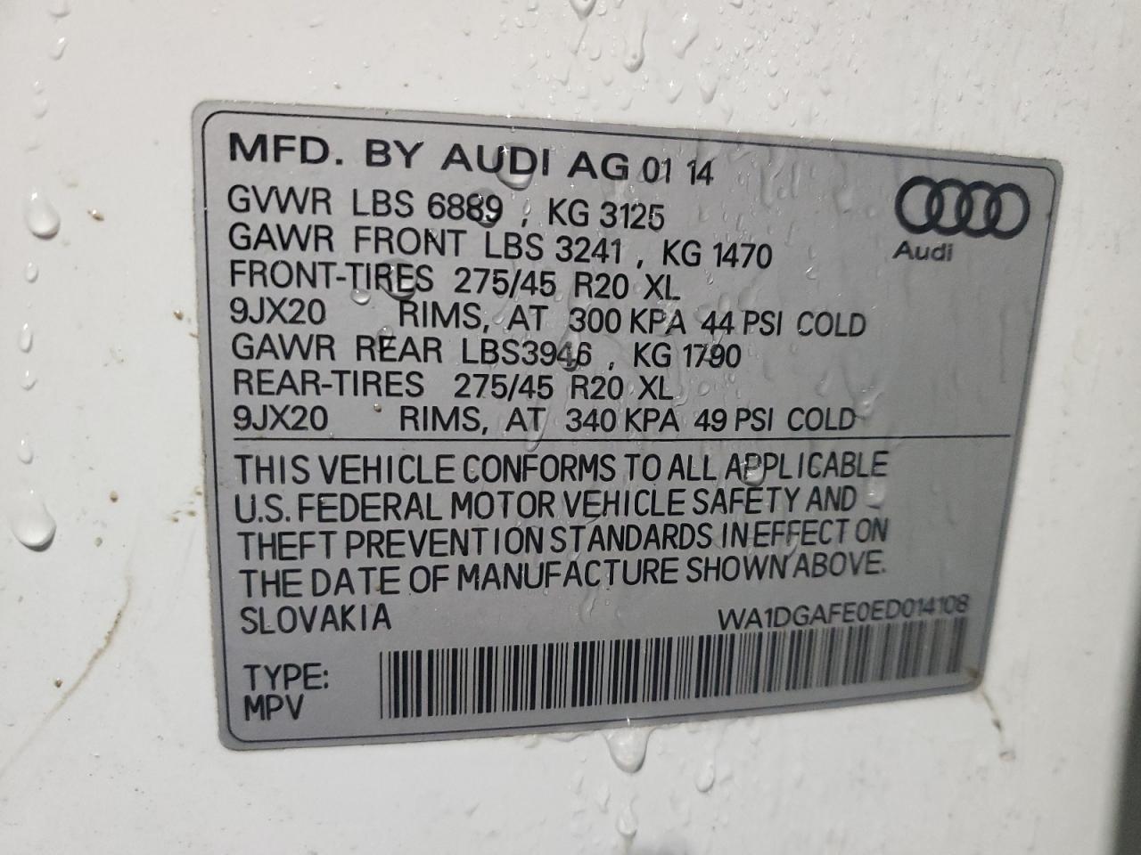 2014 Audi Q7 VIN WA1DGAFE0ED014108 Copart auction photo, rear end damage thumbnail 13