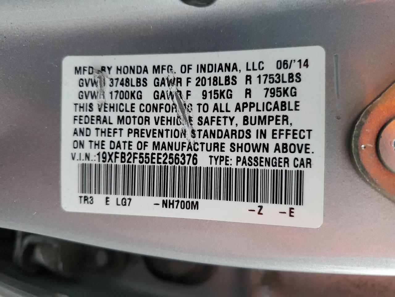 2014 Honda Civic VIN 19XFB2F55EE256376 Copart auction photo, rear end / minor dent/scratches damage thumbnail 13
