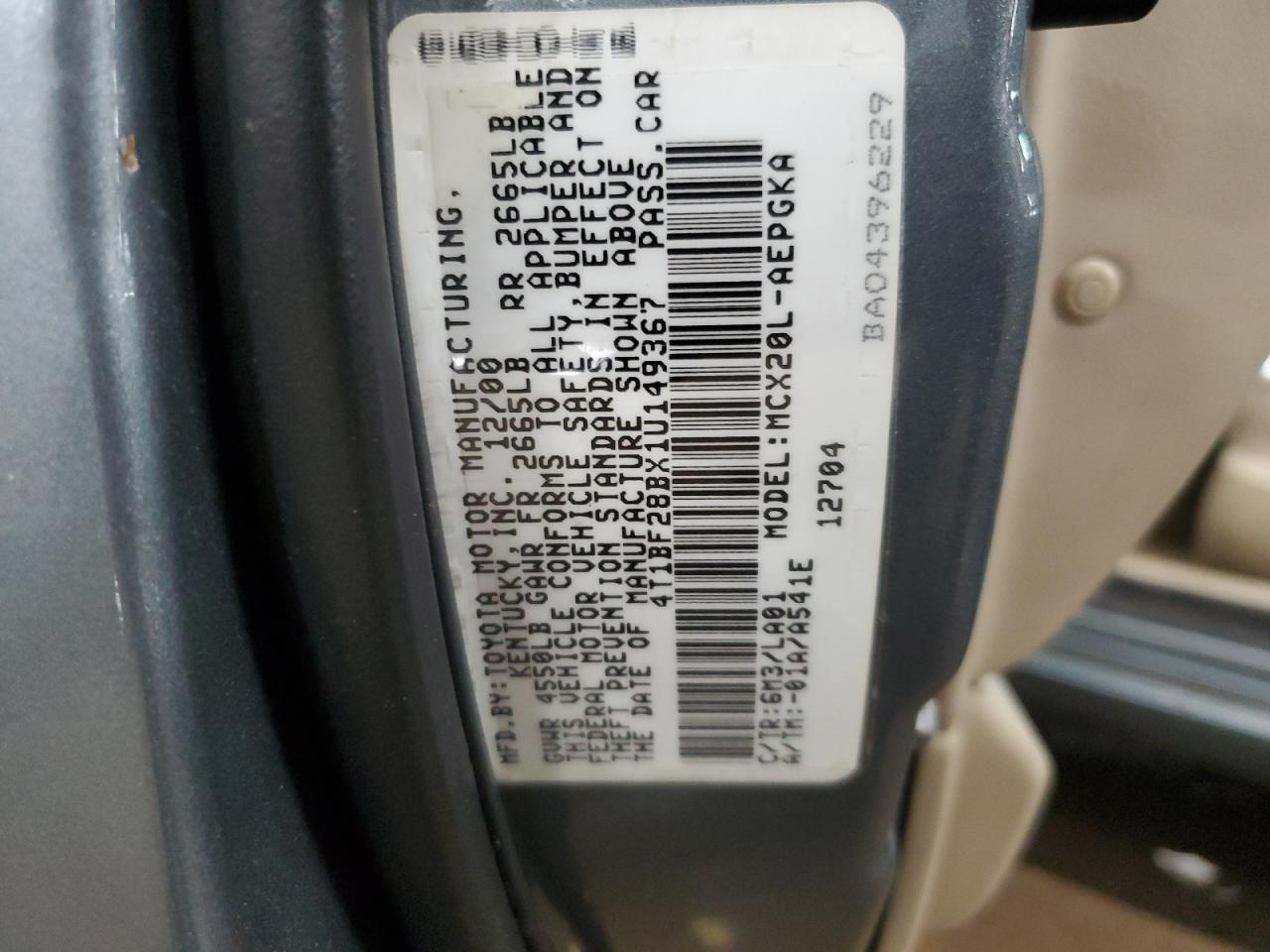 2001 Toyota Avalon VIN 4T1BF28BX1U149367 Copart auction photo, side / rear end damage thumbnail 12