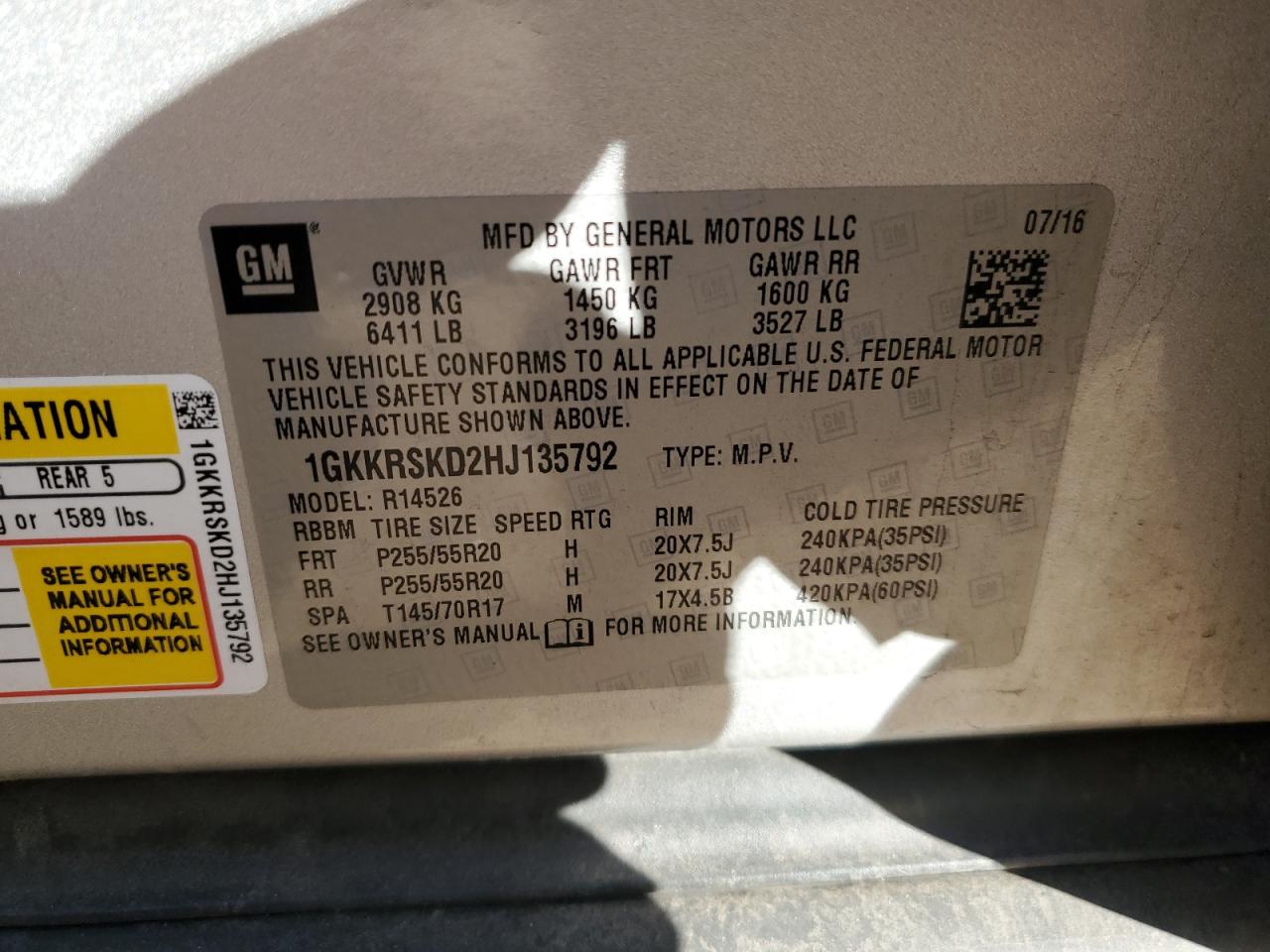 2017 GMC Acadia VIN 1GKKRSKD2HJ135792 Copart auction photo, rear end / side damage thumbnail 15