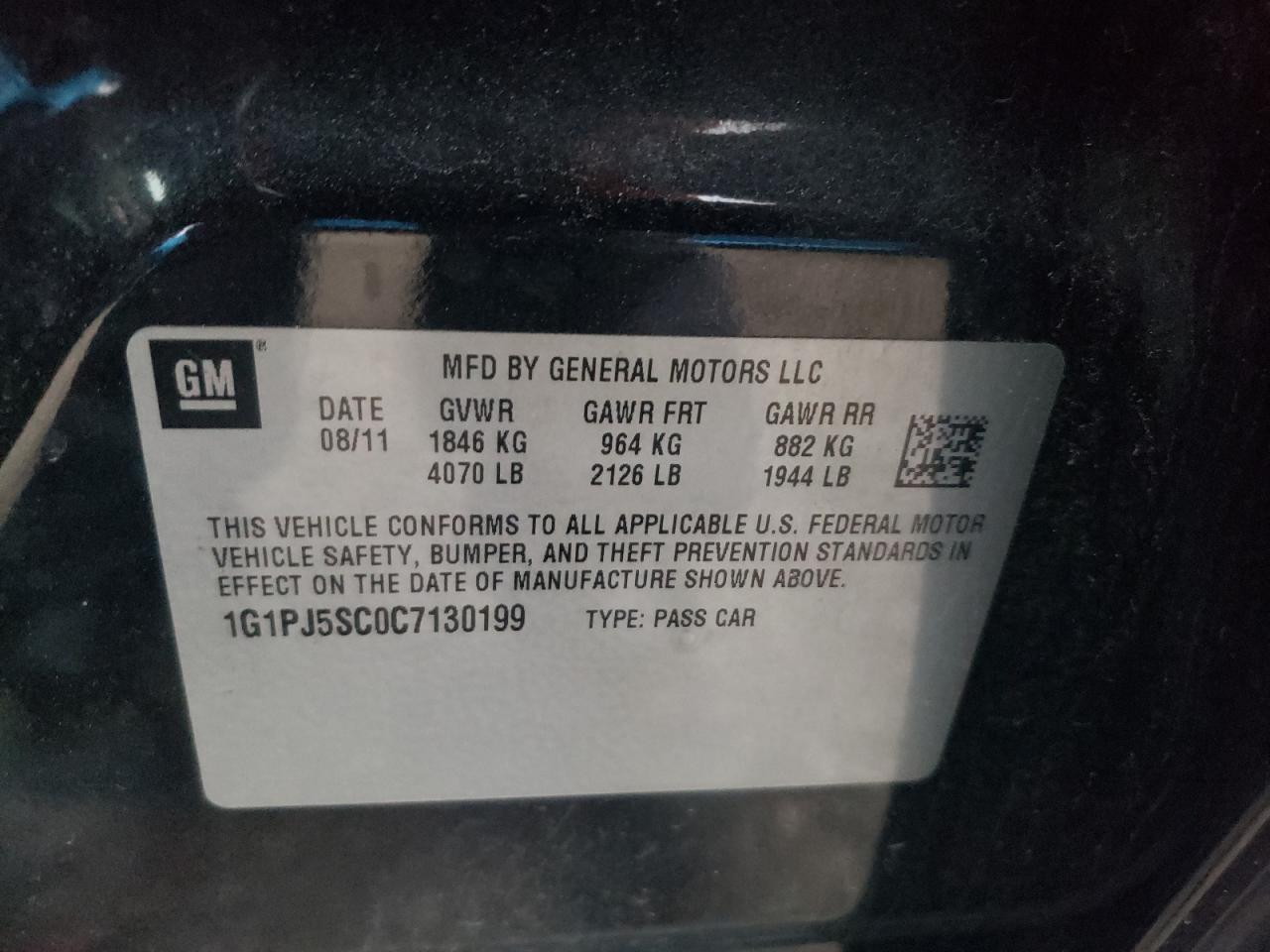 2012 Chevrolet Cruze VIN 1G1PJ5SC0C7130199 Copart auction photo, rear end / minor dent/scratches damage thumbnail 12