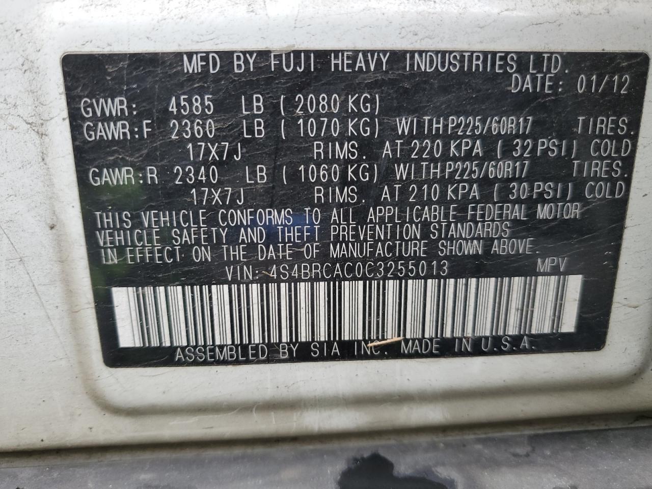 2012 Subaru Outback VIN 4S4BRCAC0C3255013 Copart auction photo, all over damage thumbnail 12