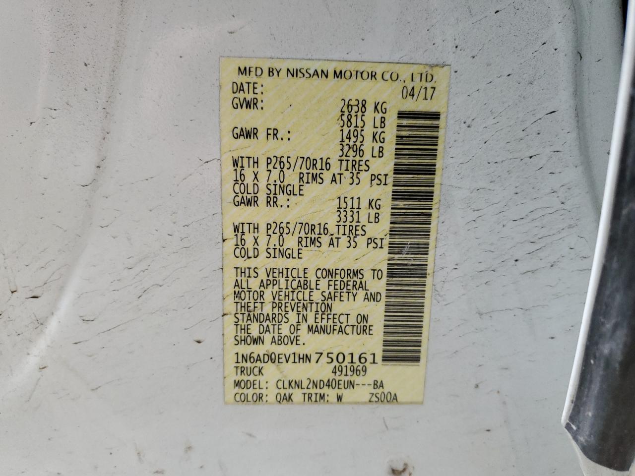 2017 Nissan Navara (Frontier) VIN 1N6AD0EV1HN750161 Copart auction photo, side damage thumbnail 12
