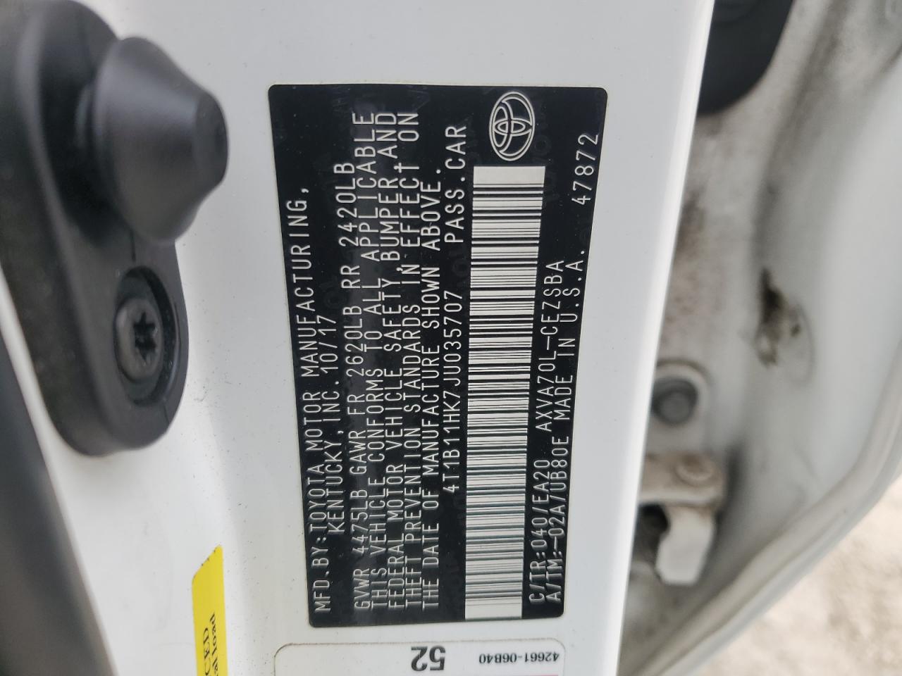 2018 Toyota Camry VIN 4T1B11HK7JU035707 Copart auction photo, rear end / front end damage thumbnail 12