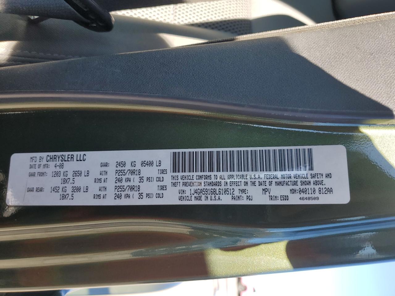 2008 Jeep Wrangler VIN 1J4GA59168L610512 Copart auction photo, side / hail damage thumbnail 13