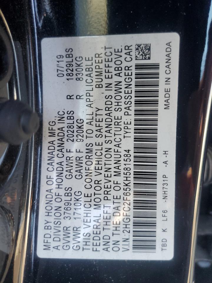 2019 Honda Civic VIN 2HGFC2F65KH581584 Copart auction photo, front end / minor dent/scratches damage thumbnail 14