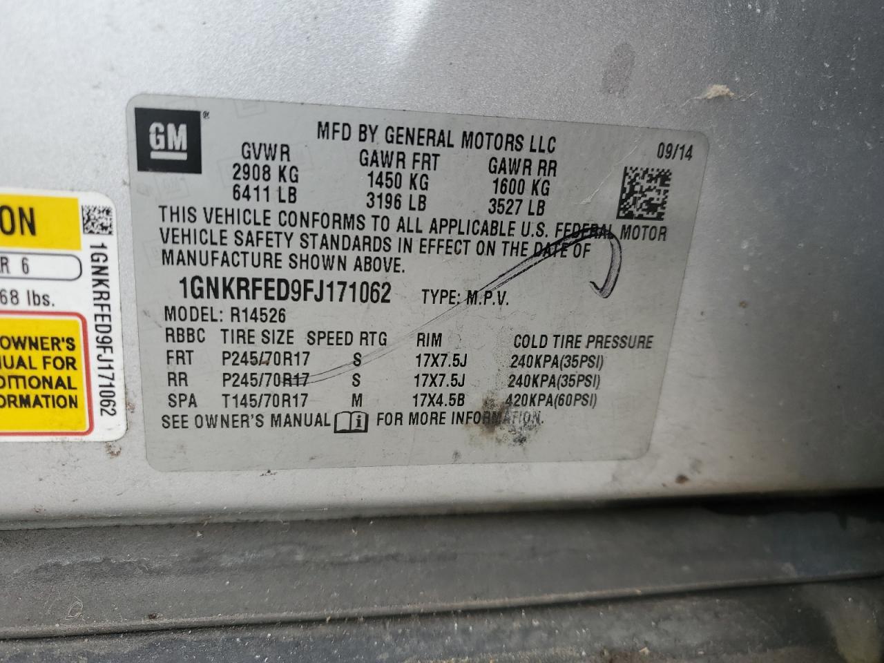 2015 Chevrolet Traverse VIN 1GNKRFED9FJ171062 Copart auction photo, mechanical / undercarriage damage thumbnail 13