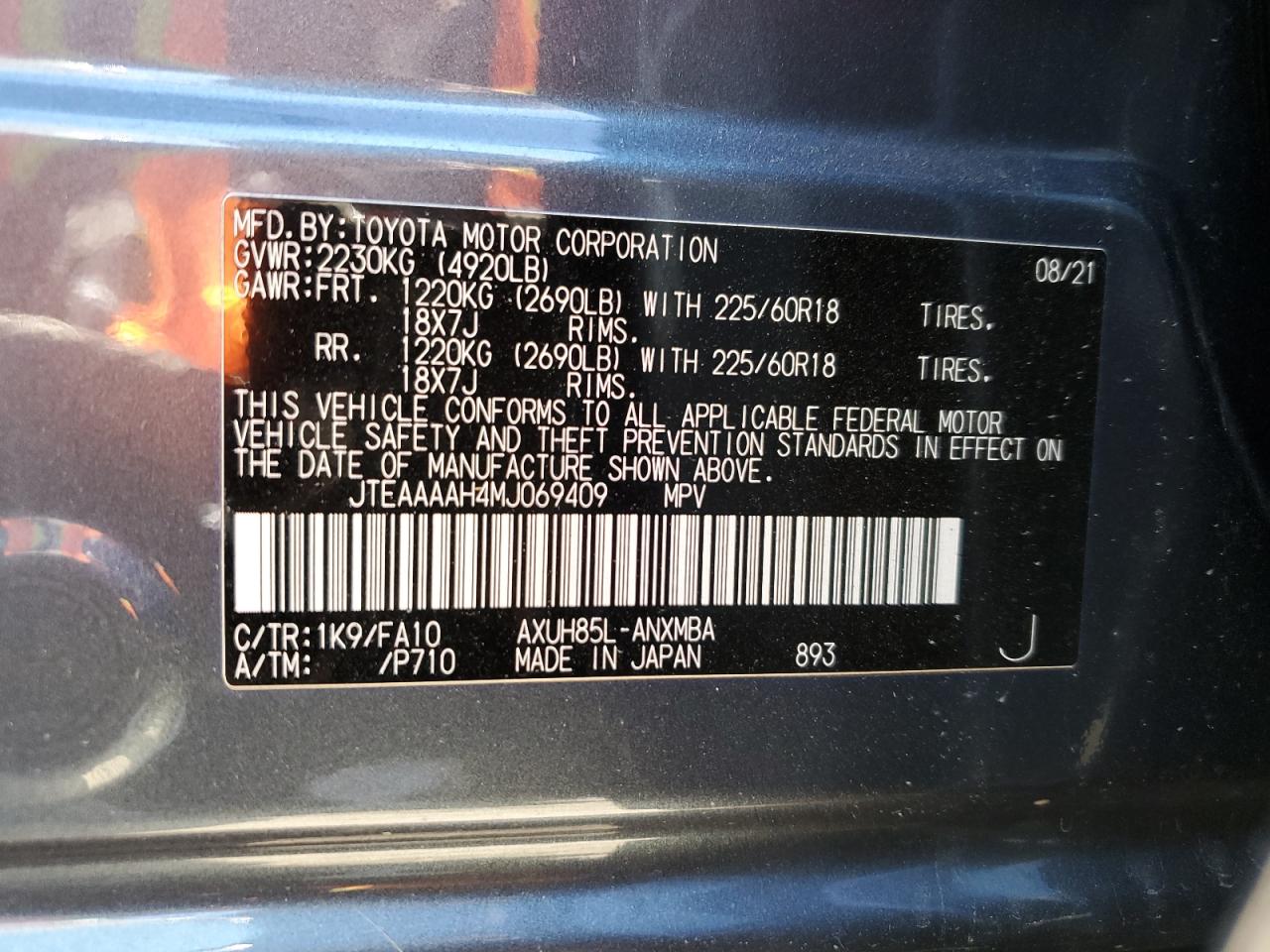 2021 Toyota Venza VIN JTEAAAAH4MJ069409 Copart auction photo, front end damage thumbnail 14