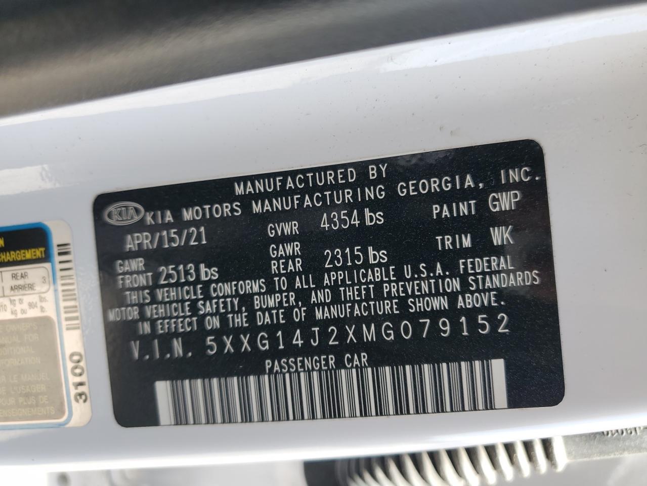 2021 KIA K5 VIN 5XXG14J2XMG079152 Copart auction photo, front end / minor dent/scratches damage thumbnail 13