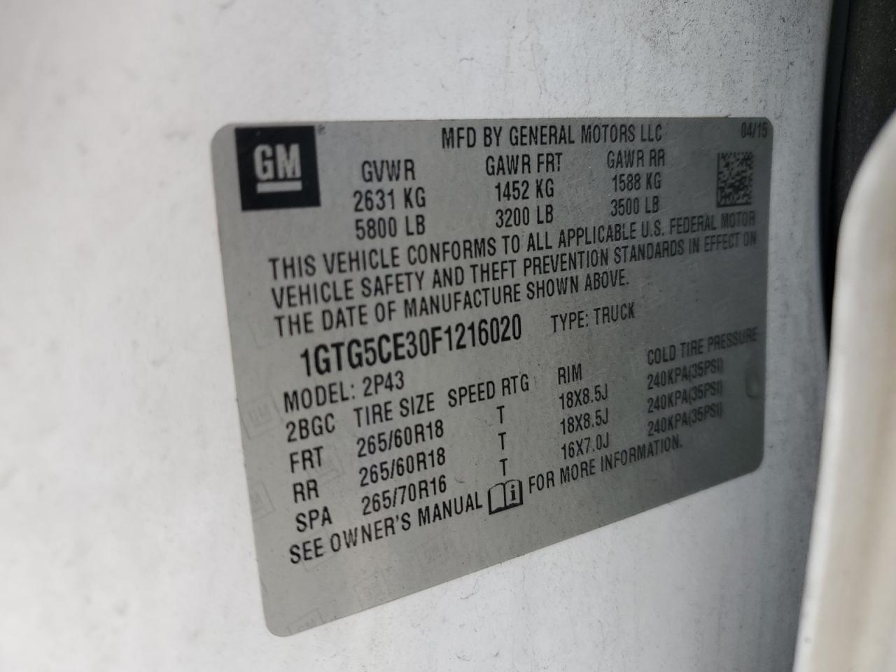 2015 GMC Canyon VIN 1GTG5CE30F1216020 Copart auction photo, front end damage thumbnail 12
