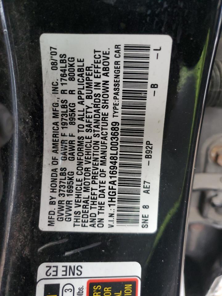 2008 Honda Civic VIN 1HGFA16948L003689 Copart auction photo, side / front end damage thumbnail 12