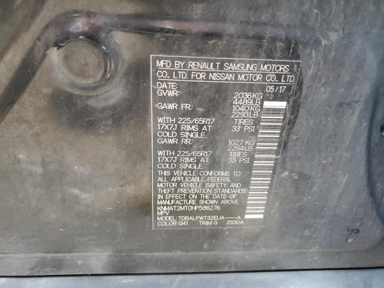 2017 Nissan Rogue VIN KNMAT2MT0HP586276 Copart auction photo, side / front end damage thumbnail 14