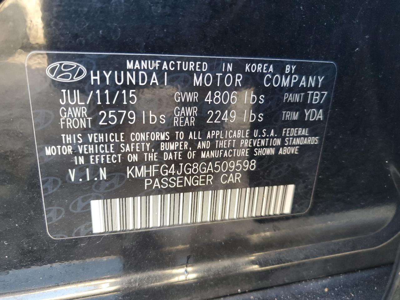 2016 Hyundai Azera VIN KMHFG4JG8GA509598 Copart auction photo, frame damage / minor dent/scratches damage thumbnail 12