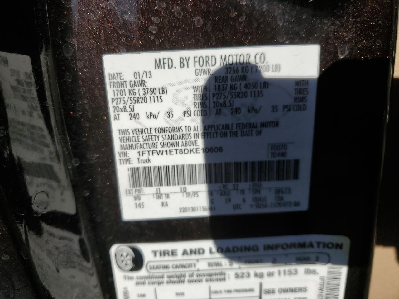 2013 Ford F-150 VIN 1FTFW1ET8DKE10606 Copart auction photo, hail damage thumbnail 14
