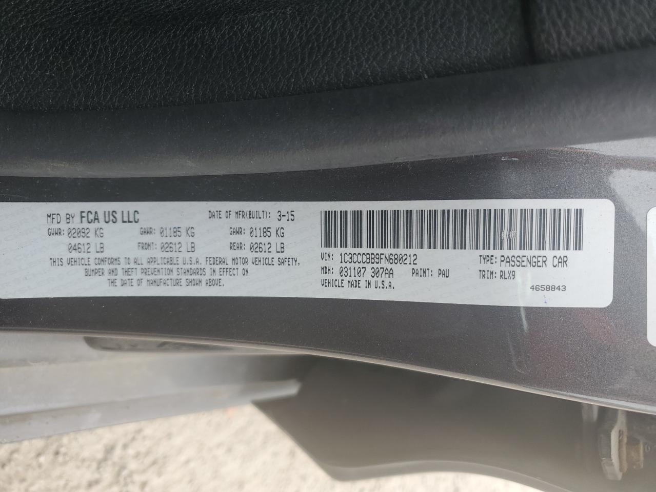 2015 Chrysler 200 VIN 1C3CCCBB9FN680212 Copart auction photo, water/flood damage thumbnail 12