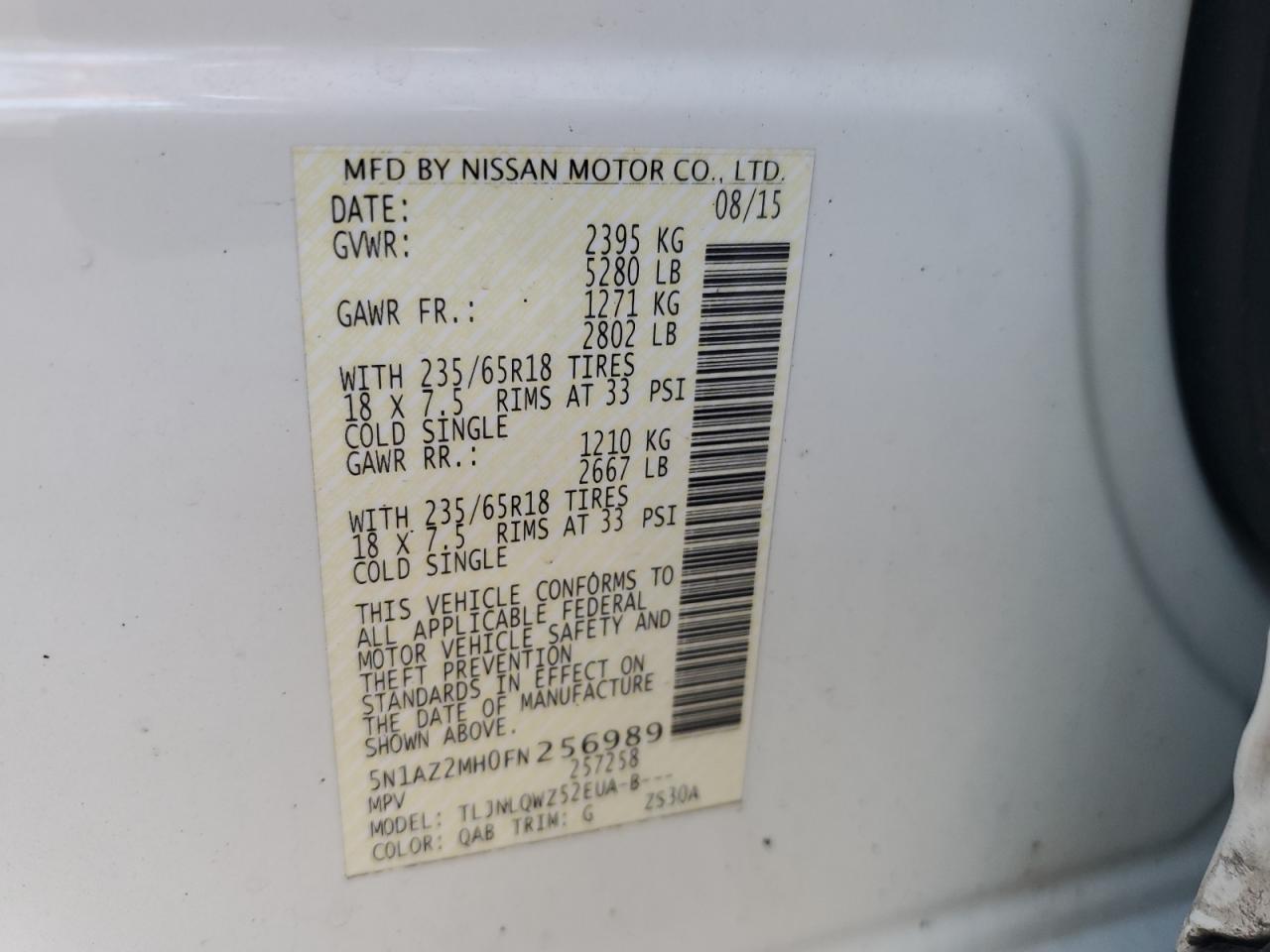 2015 Nissan Murano VIN 5N1AZ2MH0FN256989 Copart auction photo, side / front end damage thumbnail 15