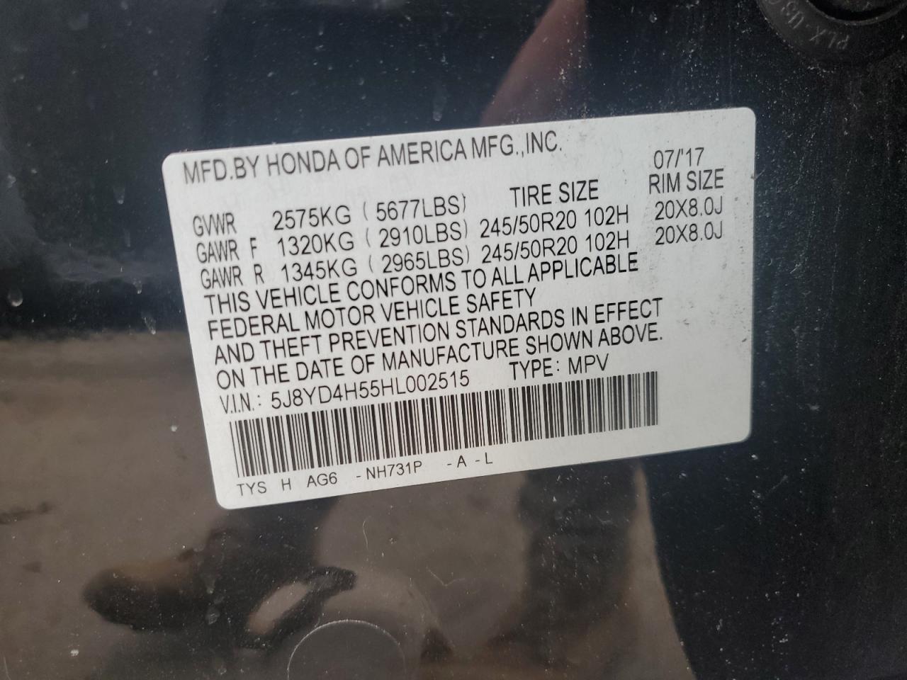 2017 Acura MDX VIN 5J8YD4H55HL002515 Copart auction photo, front end / rear end damage thumbnail 13