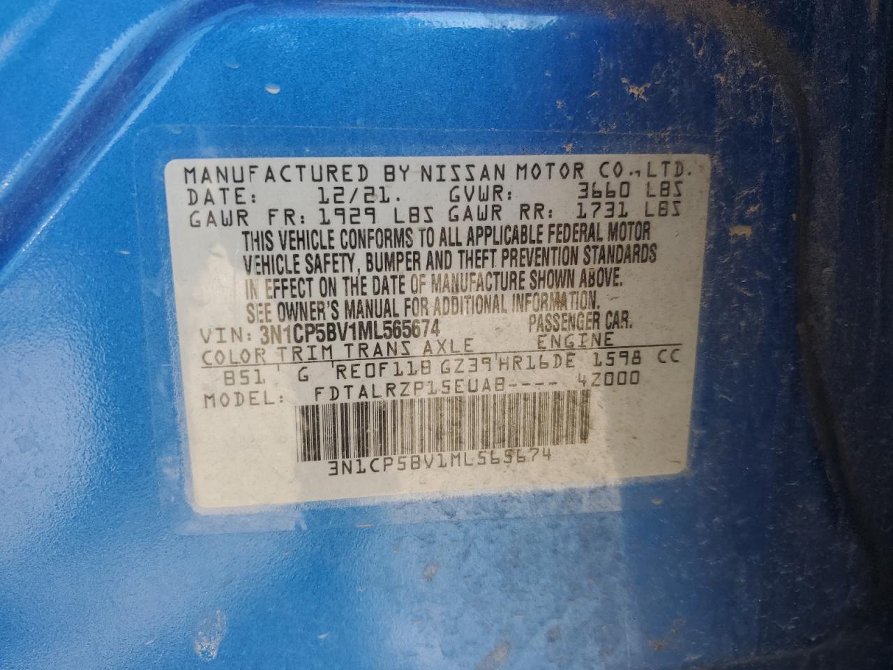 2021 Nissan Kicks VIN 3N1CP5BV1ML565674 Copart auction photo, side / front end damage thumbnail 15