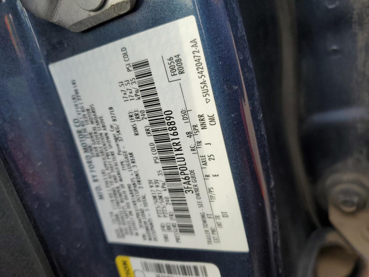 2019 Ford Fusion VIN 3FA6P0LU1KR168890 Copart auction photo, front end / minor dent/scratches damage thumbnail 12