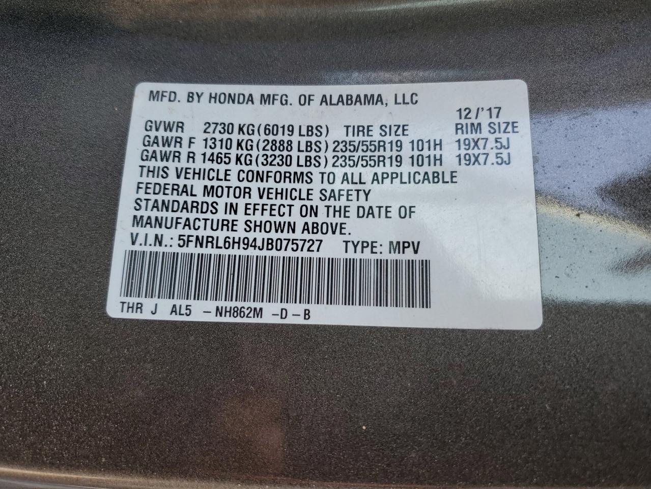 2018 Honda Odyssey VIN 5FNRL6H94JB075727 Copart auction photo, front end damage thumbnail 15