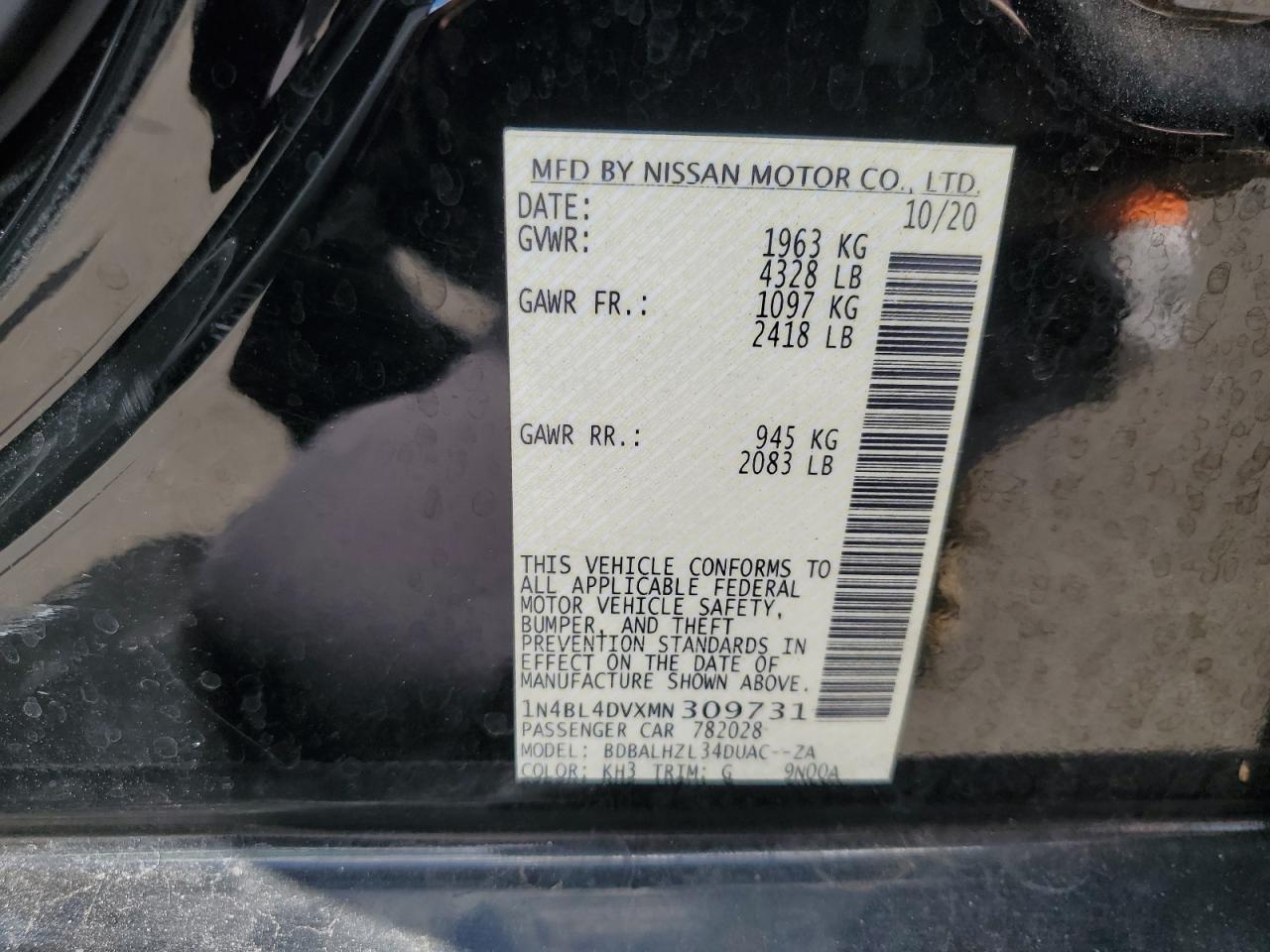 2021 Nissan Altima VIN 1N4BL4DVXMN309731 Copart auction photo, front end / rear end damage thumbnail 13