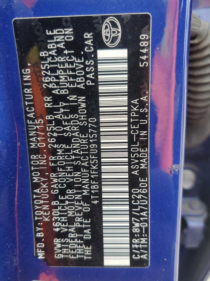 2015 Toyota Camry VIN 4T1BF1FK5FU915770 Copart auction photo, vandalism / minor dent/scratches damage thumbnail 12