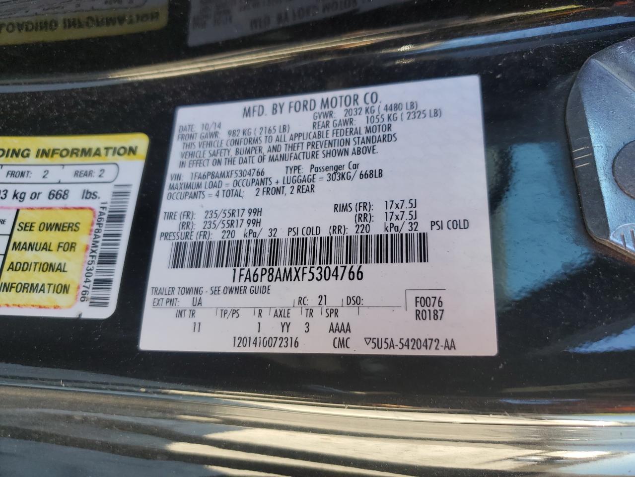 2015 Ford Mustang VIN 1FA6P8AMXF5304766 Copart auction photo, all over damage thumbnail 12