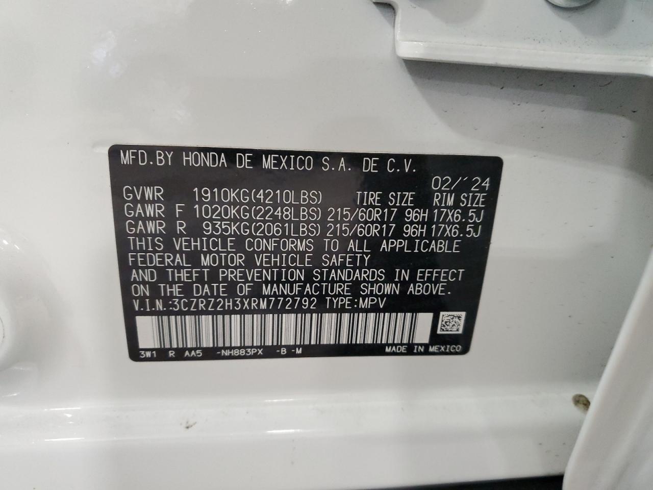 2024 Honda HR-V VIN 3CZRZ2H3XRM772792 Copart auction photo, front end damage thumbnail 12