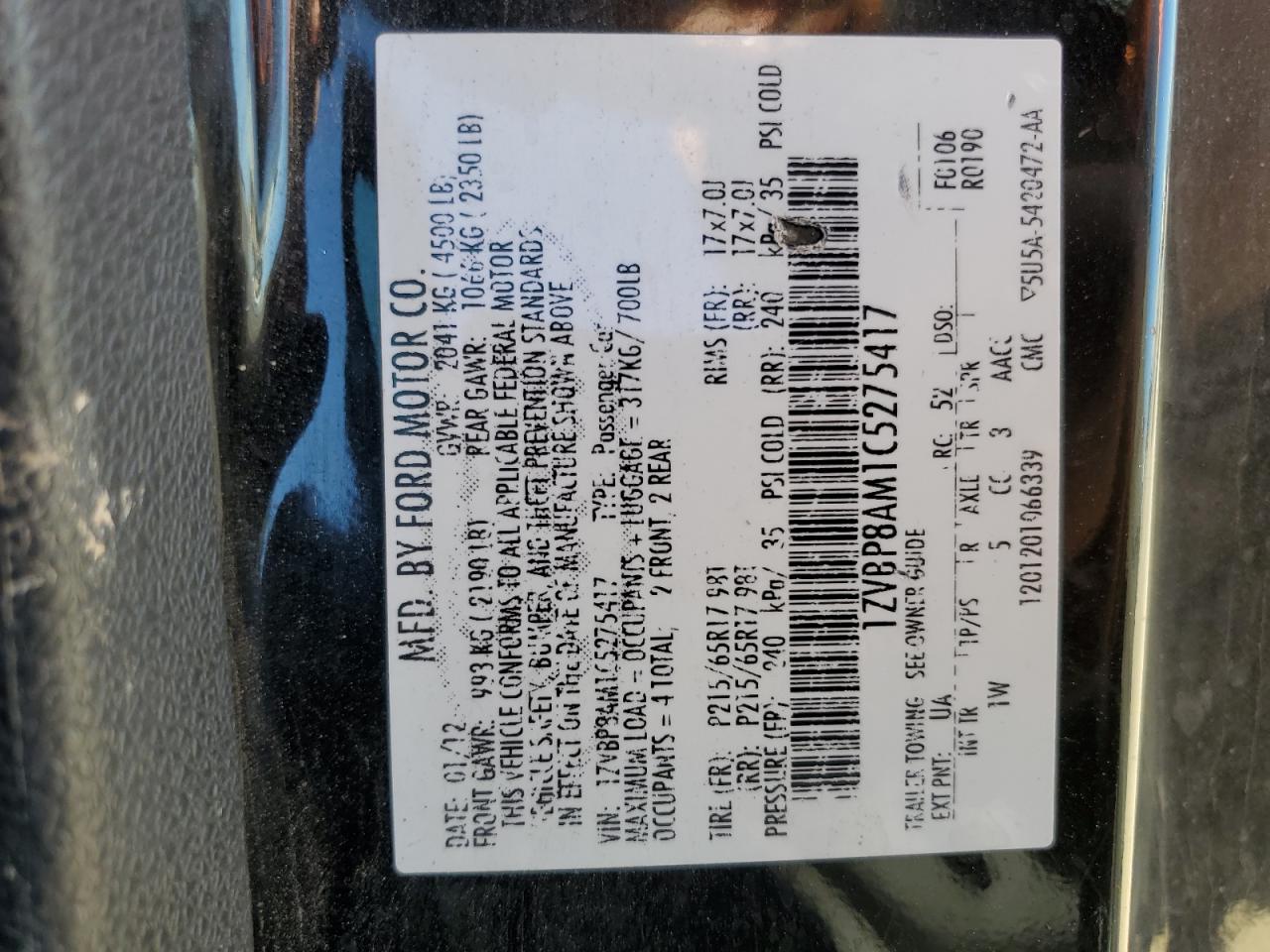 2012 Ford Mustang VIN 1ZVBP8AM1C5275417 Copart auction photo, rear end / minor dent/scratches damage thumbnail 12