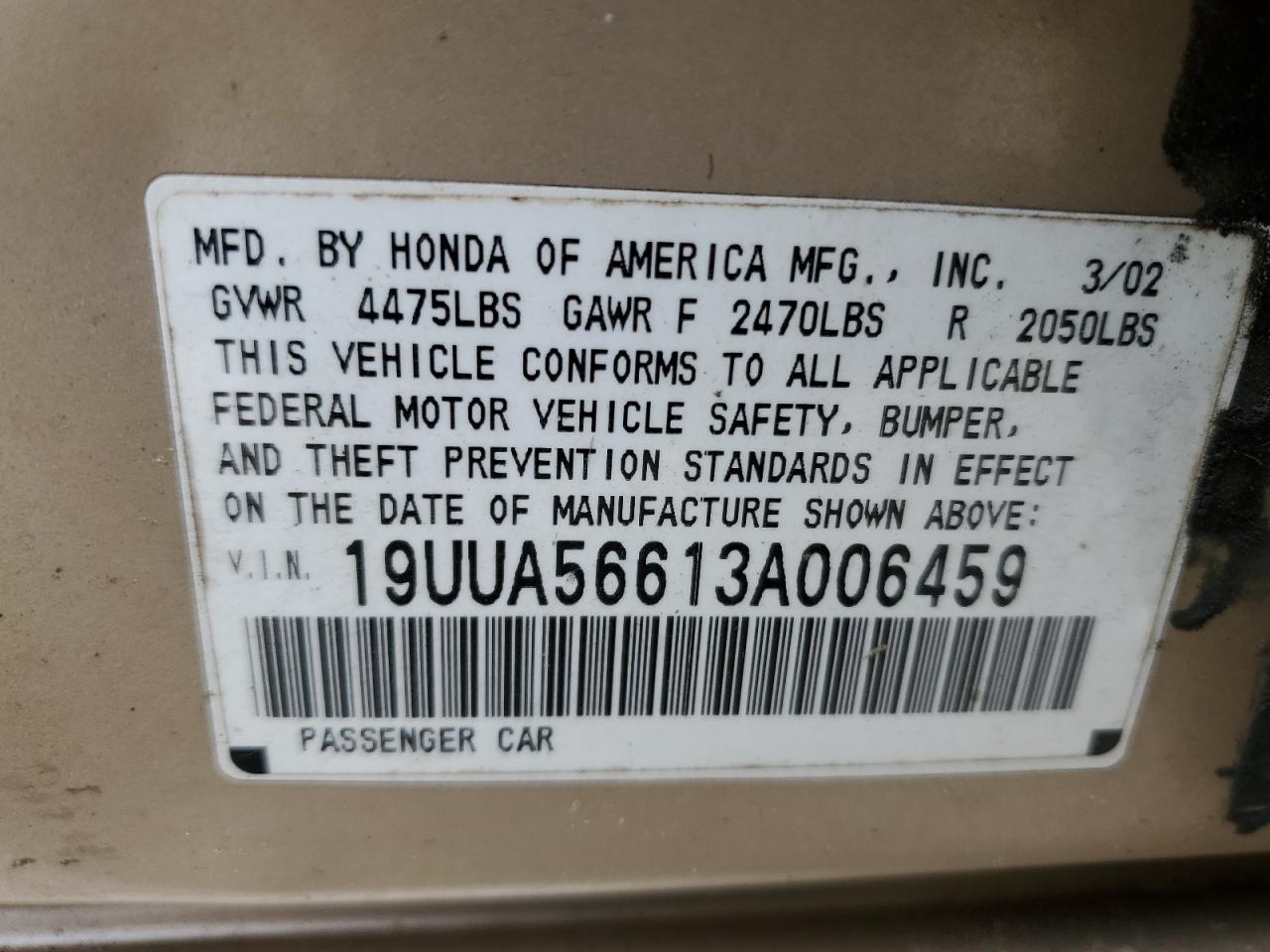 2003 Acura TL VIN 19UUA56613A006459 Copart auction photo, rear end damage thumbnail 13