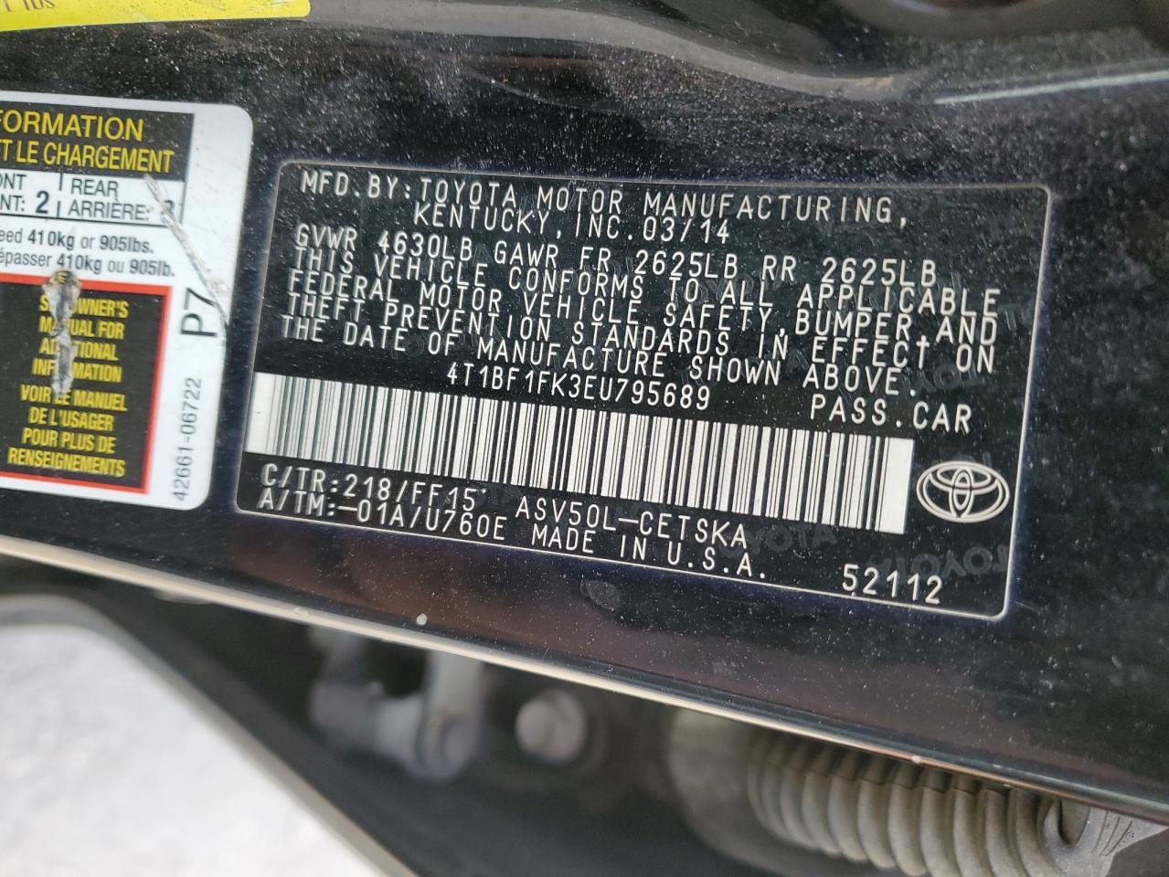 2014 Toyota Camry VIN 4T1BF1FK3EU795689 Copart auction photo, front end damage thumbnail 12
