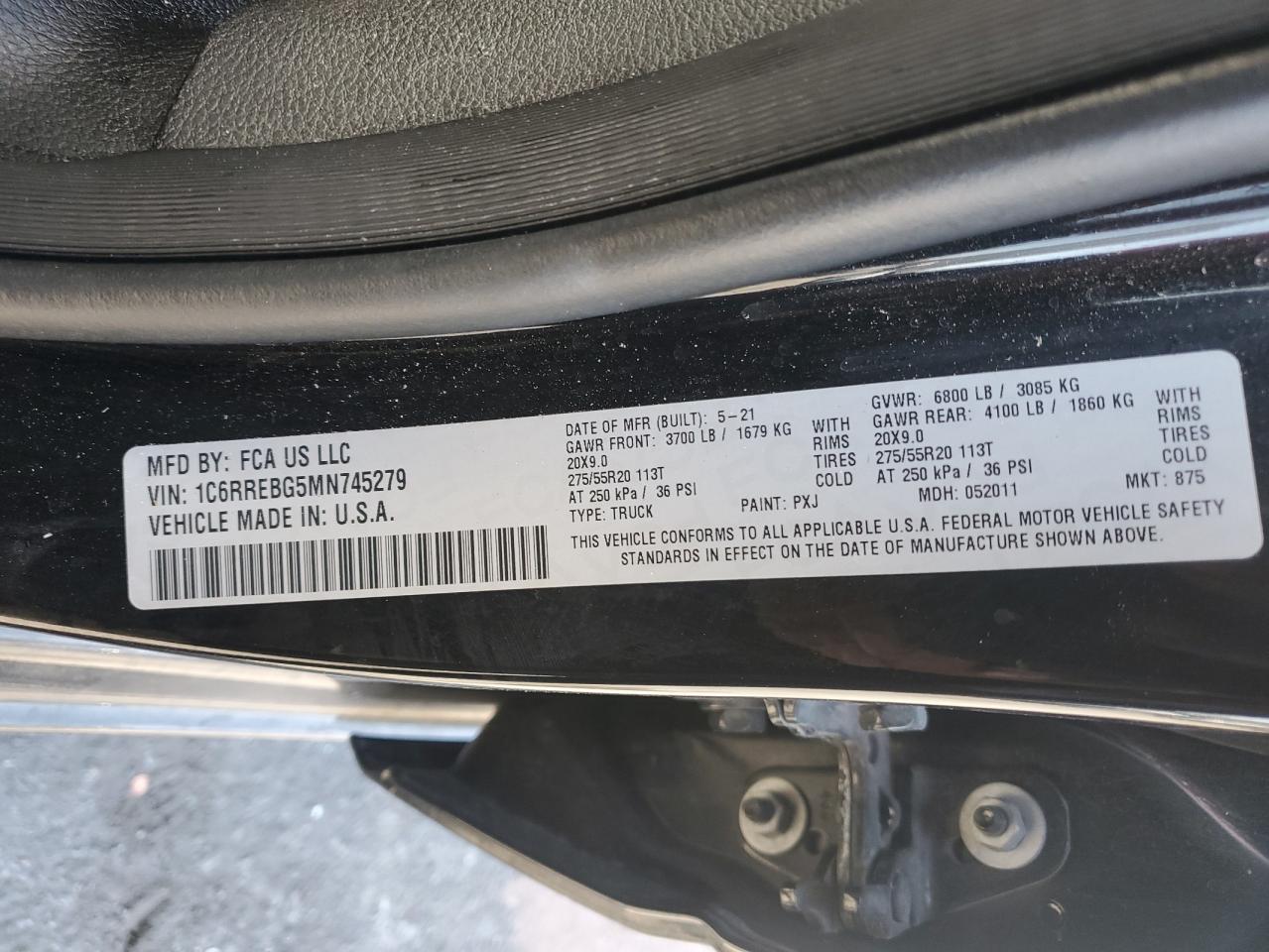 2021 RAM 1500 VIN 1C6RREBG5MN745279 Copart auction photo, front end damage thumbnail 12