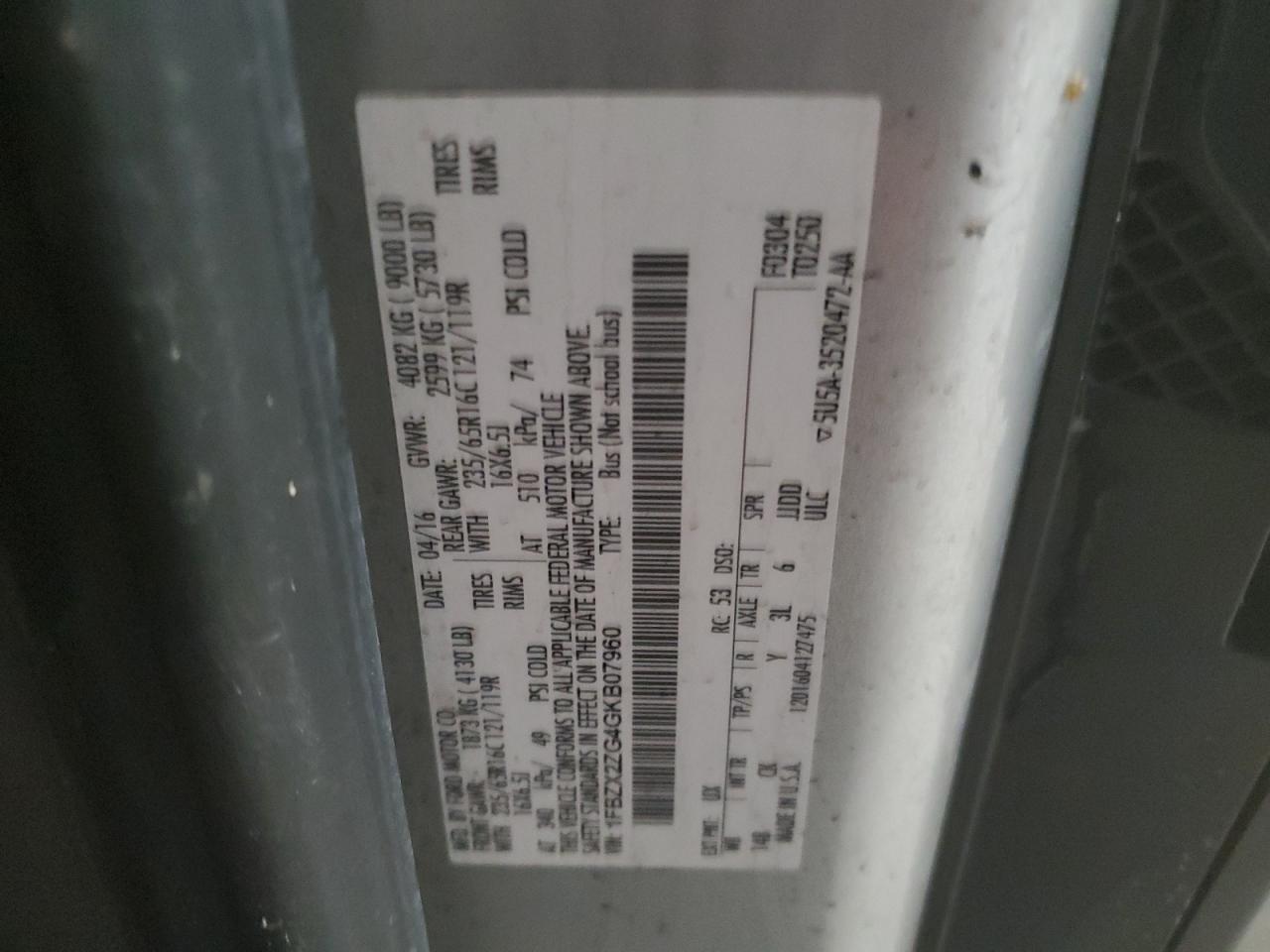 2016 Ford Transit VIN 1FBZX2ZG4GKB07960 Copart auction photo, rear end / side damage thumbnail 13
